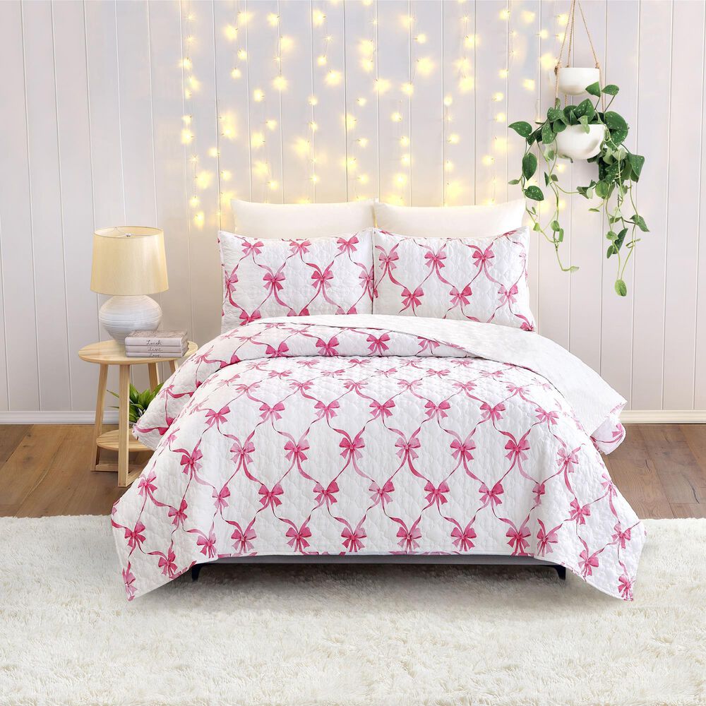 Peking Handicraft Abigail 2-Piece Bow Twin Quilt Set in Pink and White, , large
