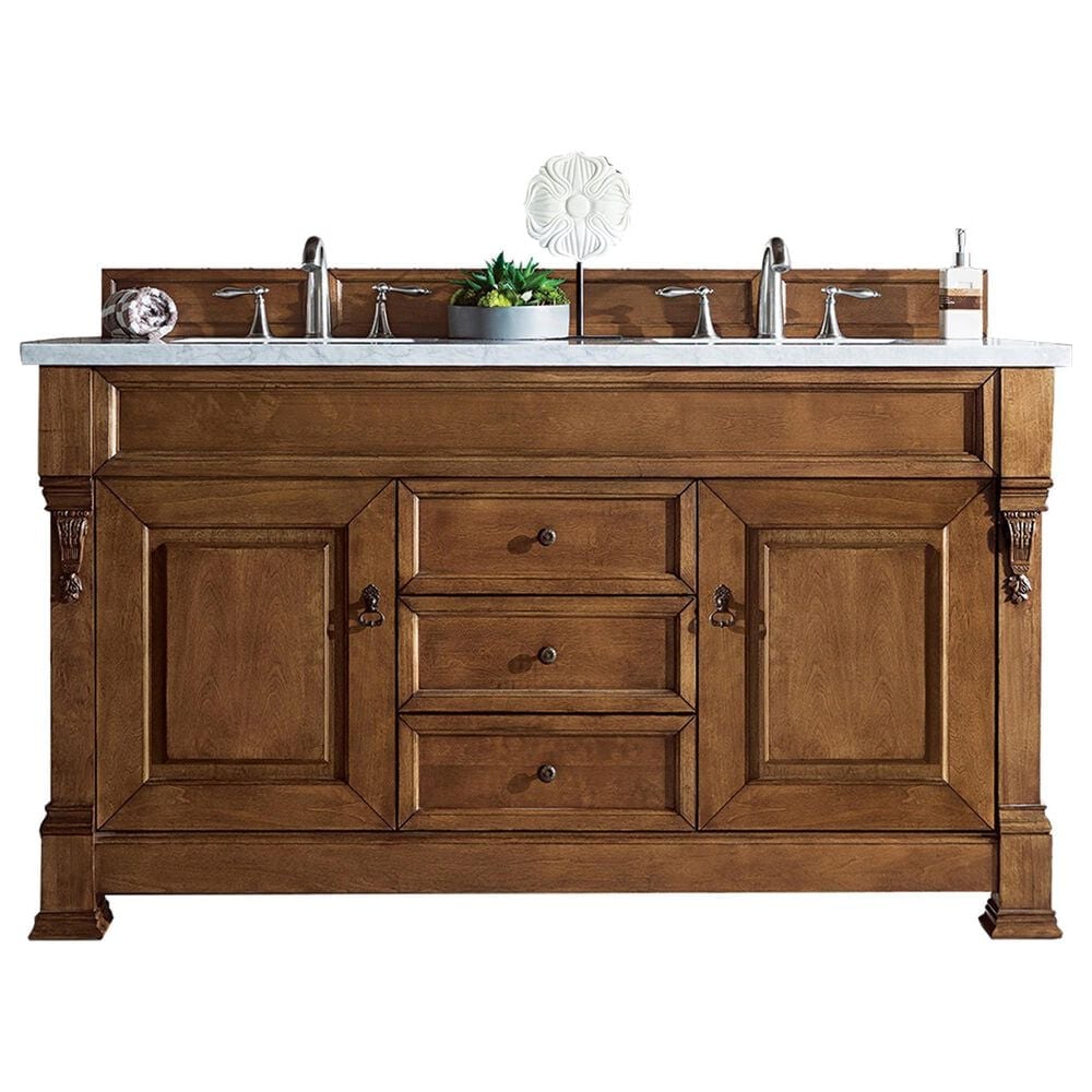 James Martin Vanities Brookfield 60" Double Bathroom Vanity in Country Oak with 3 cm Eternal Jasmine Pearl Quartz Top and Rectangle Sink, , large