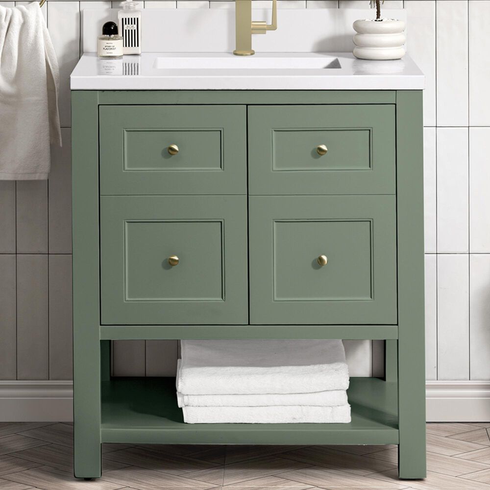James Martin Vanities Breckenridge 30" Single Bathroom Vanity in Smokey Celadon with Single Hole 3 cm White Zeus Quartz Top and Rectangular Sink, , large
