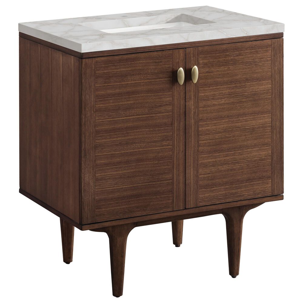 James Martin Vanities Amberly 30" Single Bathroom Vanity in Mid-Century Walnut with 3 cm Victorian Silver Quartz Top and Rectangular Sink, , large