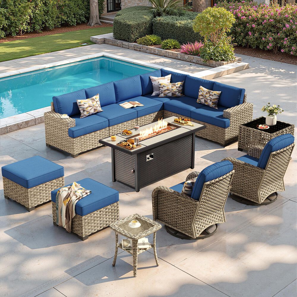 HOMLUX 13-Piece Patio Conversation Set with 54" Fire Pit Table in Navy Blue, , large