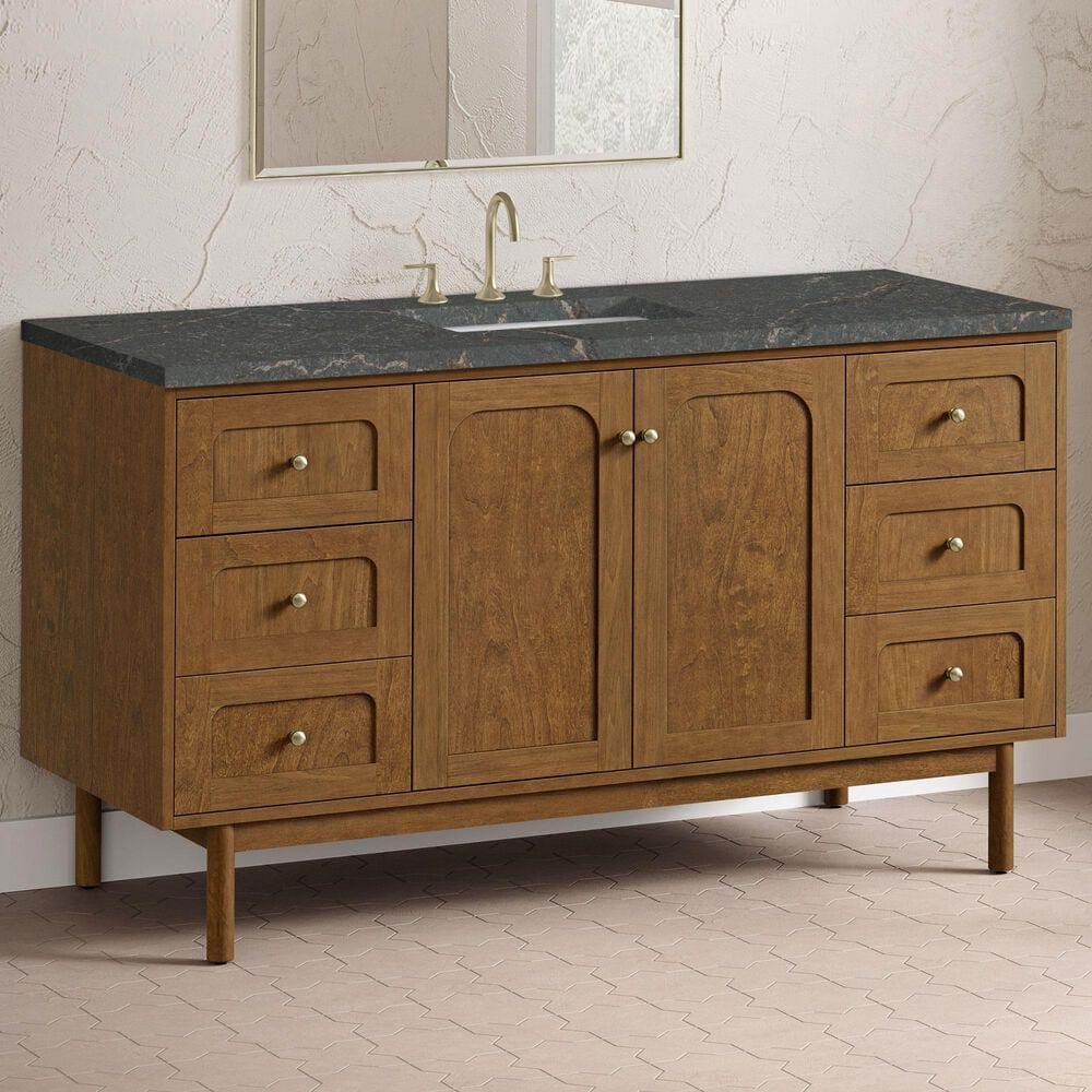 James Martin Laurent 60" Single Bathroom Vanity in Honey Oak with 3 cm Parisien Bleu Silestone Top and Rectangular Sink, , large