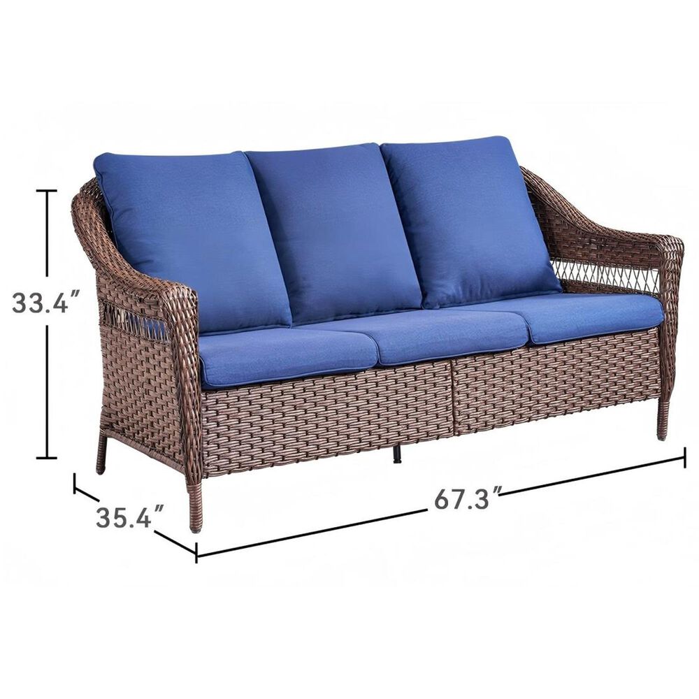 Sunwell Garden 33"H 3-Seater Outdoor Sofa with Curved Armrests and Navy Cushions in Brown, , large