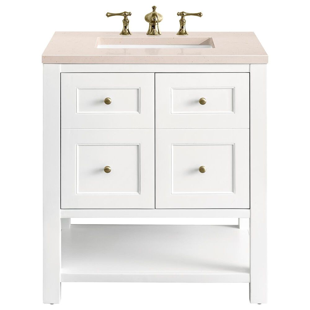 James Martin Vanities Breckenridge 30" Single Bathroom Vanity in Bright White with 3 cm Eternal Marfil Quartz Top and Rectangular Sink, , large