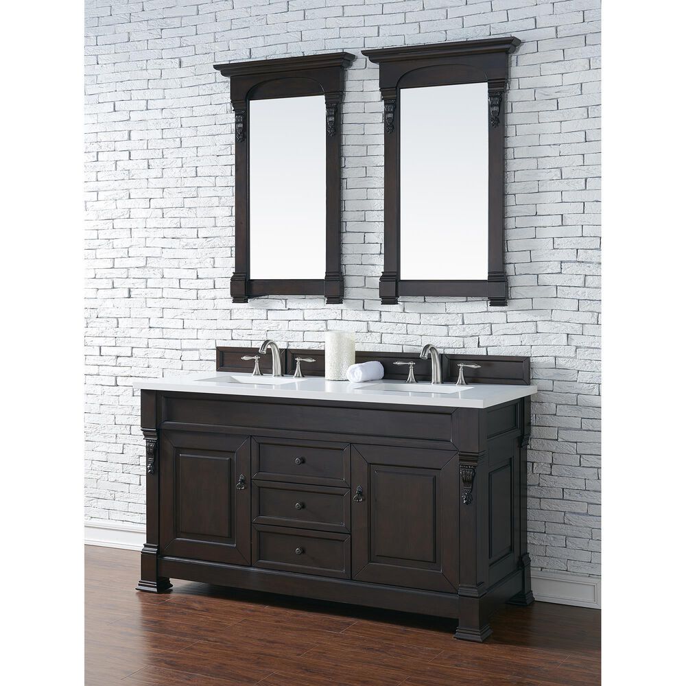 James Martin Vanities Brookfield 60&quot; Double Bathroom Vanity in Burnished Mahogany with 3 cm White Zeus Quartz Top and Rectangular Sinks, , large