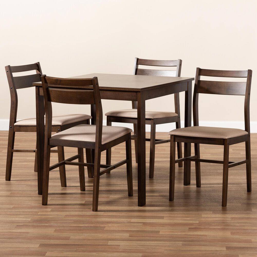 Baxton Studio Lovy 5-Piece Square Dining Set with Beige Fabric in Dark Walnut, , large