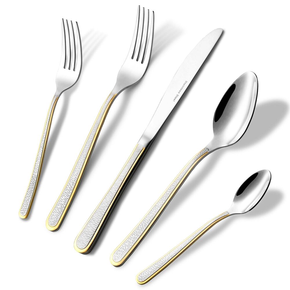 Gifts Plus 20-Piece Cetara Flatware Set with Gold Trimmed in Stainless Steel, , large