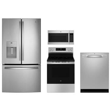 G.E. 4-Piece Kitchen Package with 25.7 Cu. Ft. French Door Refrigerator and 30" Freestanding Electric Range in Stainless Steel, , large
