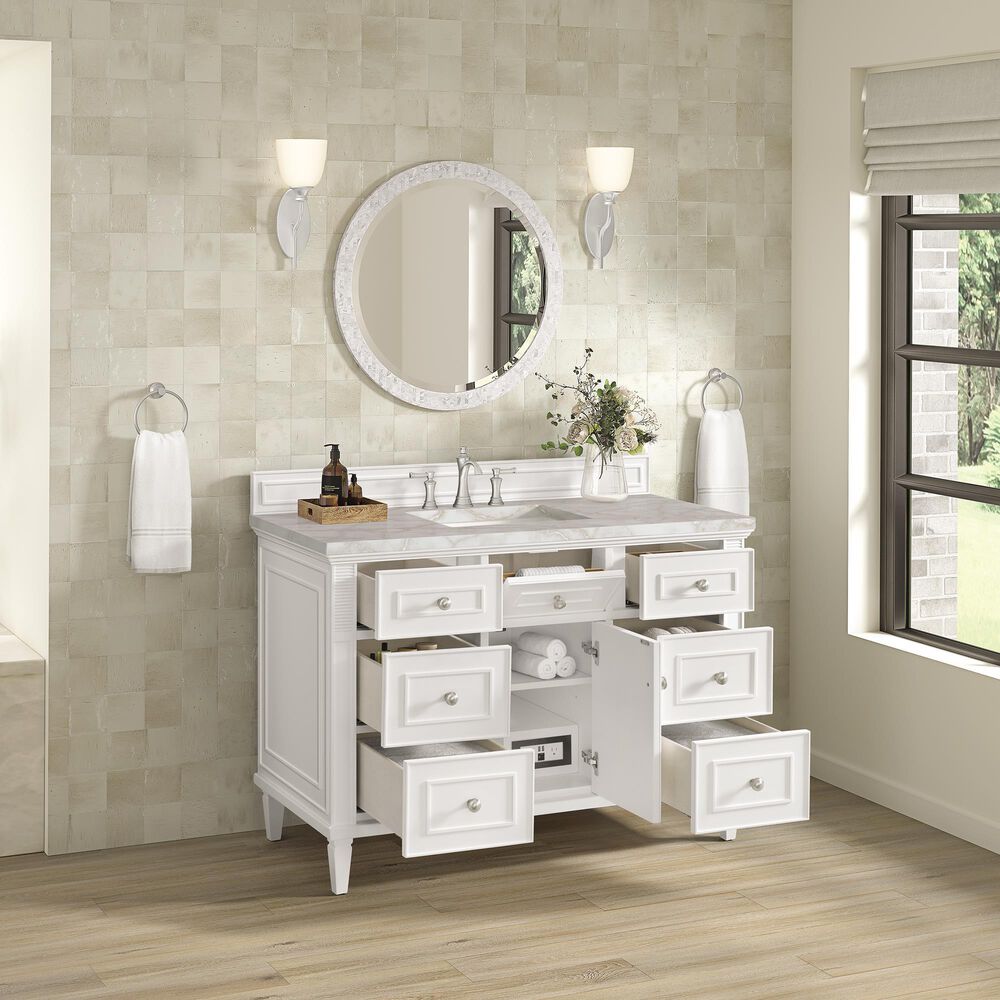 James Martin Vanities Lorelai 48&quot; Single Vanity in Bright White with 3 cm Victorian Silver Quartz Top, , large