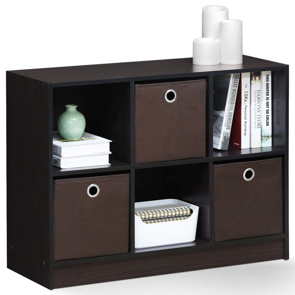 HOMLUX 6-Cube Bookshelf Bookcase with Storage Bins in Dark Walnut, , large