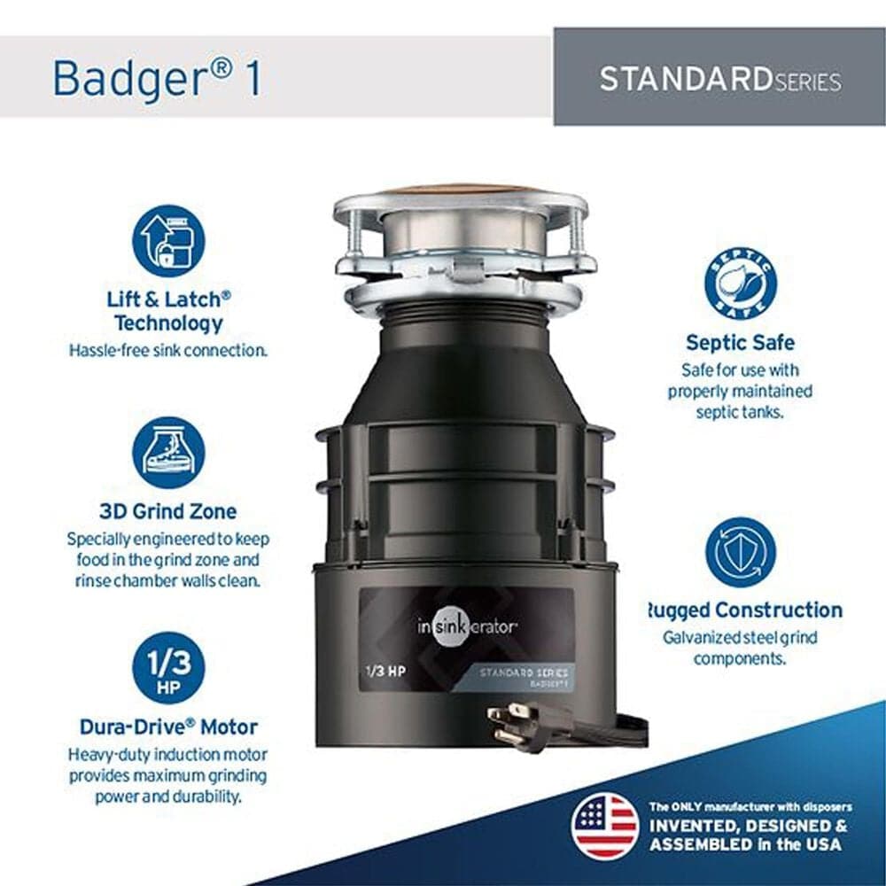 InSinkerator Badger 1 Garbage Disposal 1/3 HP with Cord in Waterborne Gray Enamel, , large