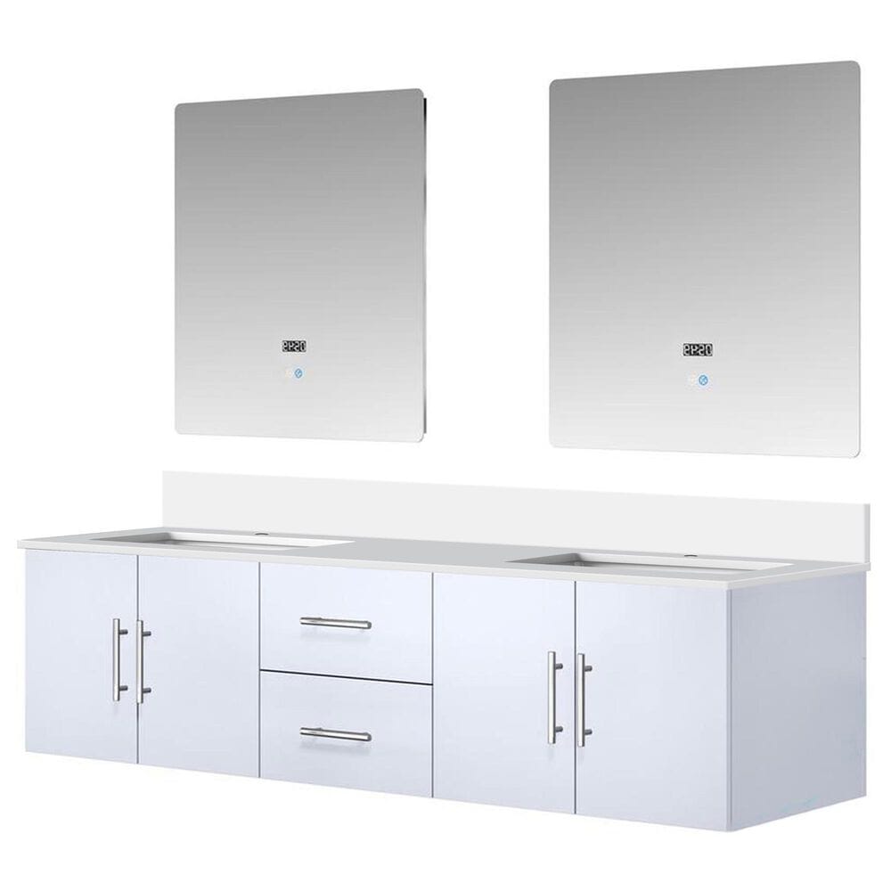 Lexora Home Geneva 72" Double Bathroom Vanity in Glossy White with 2 cm White Cultured Marble Top, Rectangular Sinks and 30" LED Mirrors, , large