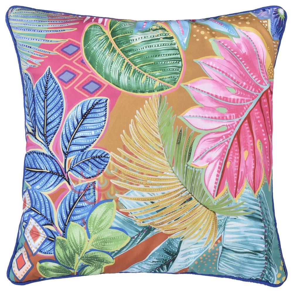 J. Queen Bold Hanalei 18" Square Quilted Throw Pillow in Aqua, Orange, Pink, and Blue, , large