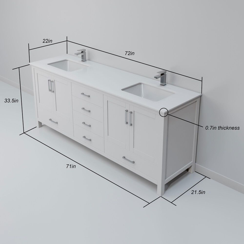 Lexora Home Jacques 72&quot; Double Bathroom Vanity in White with 2 cm White Quartz Top and Rectangular Sinks, , large