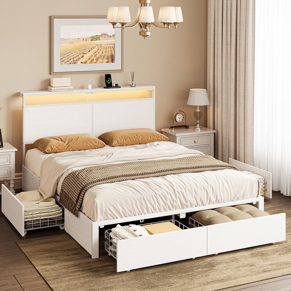 HOMLUX King 4-Drawer Storage Bed with LED Headboard and Charging Station in White, , large