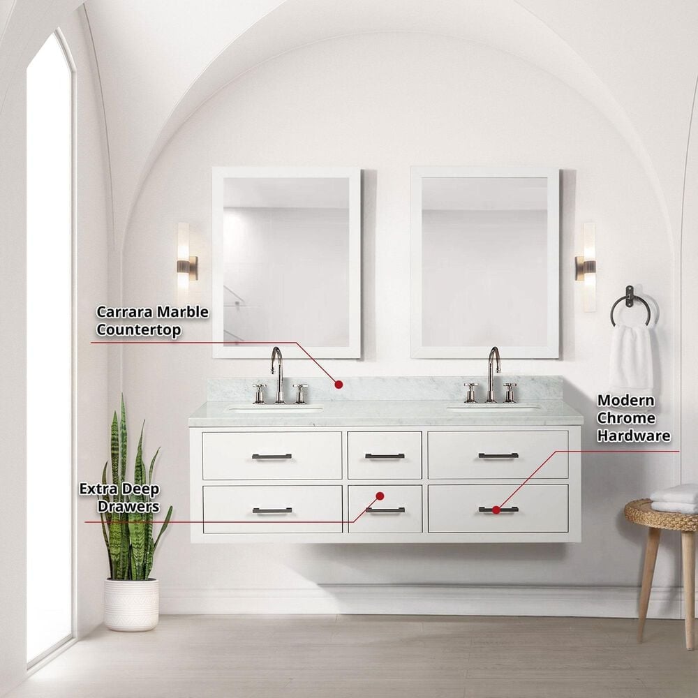 Lexora Home Castor 60" Double Bathroom Vanity in White with 2 cm White Carrara Marble Top and Rectangular Sinks, , large
