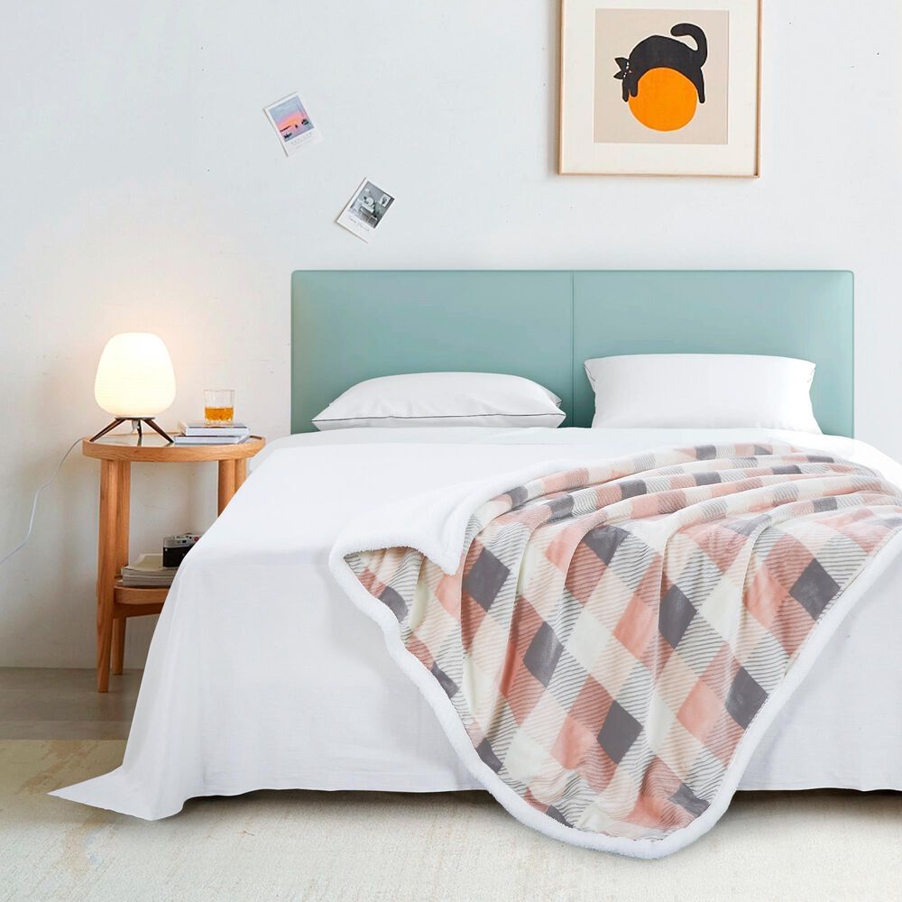 Duke Imports Flannel Sherpa Plaid Throw in Pink and Grey, , large