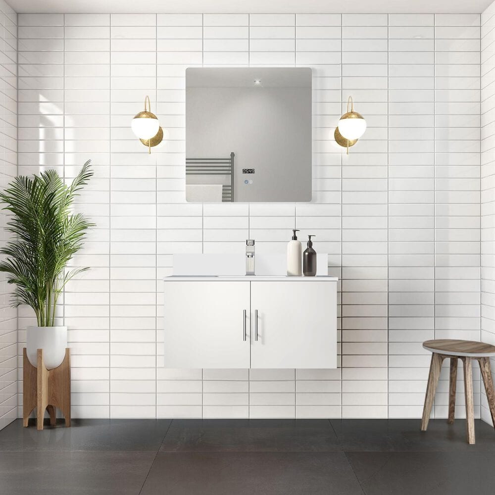 Lexora Home Geneva 36&quot; Single Bathroom Vanity in Glossy White with 2 cm White Cultured Marble Top and Rectangular Sink, , large