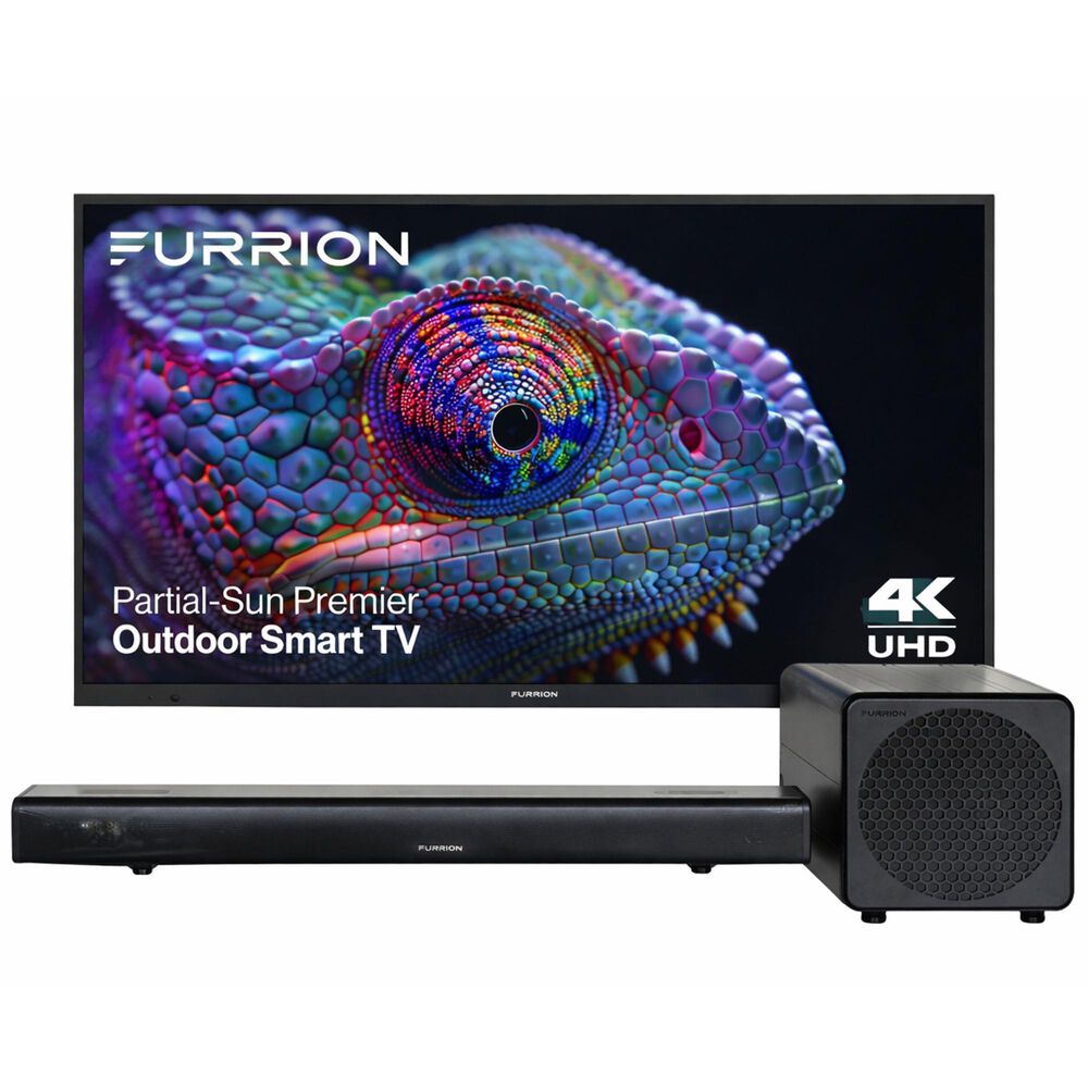 Furrion Aurora 55" Partial-Sun Premier 4K Outdoor Smart TV with 2.1 Outdoor Soundbar &amp; Wireless Subwoofer, , large