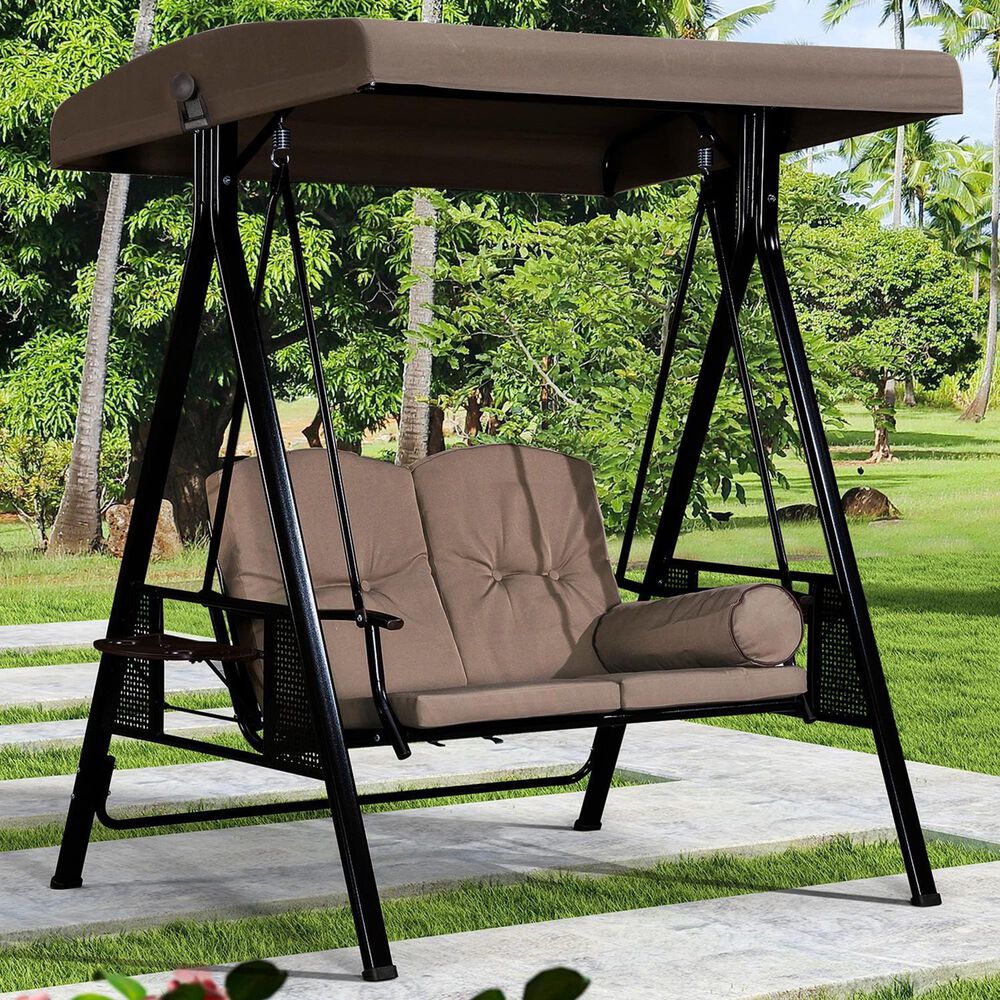 HOMLUX 2-Seat Outdoor Porch Swing with Adjustable Tilt Canopy and Foldable Tray in Beige, , large