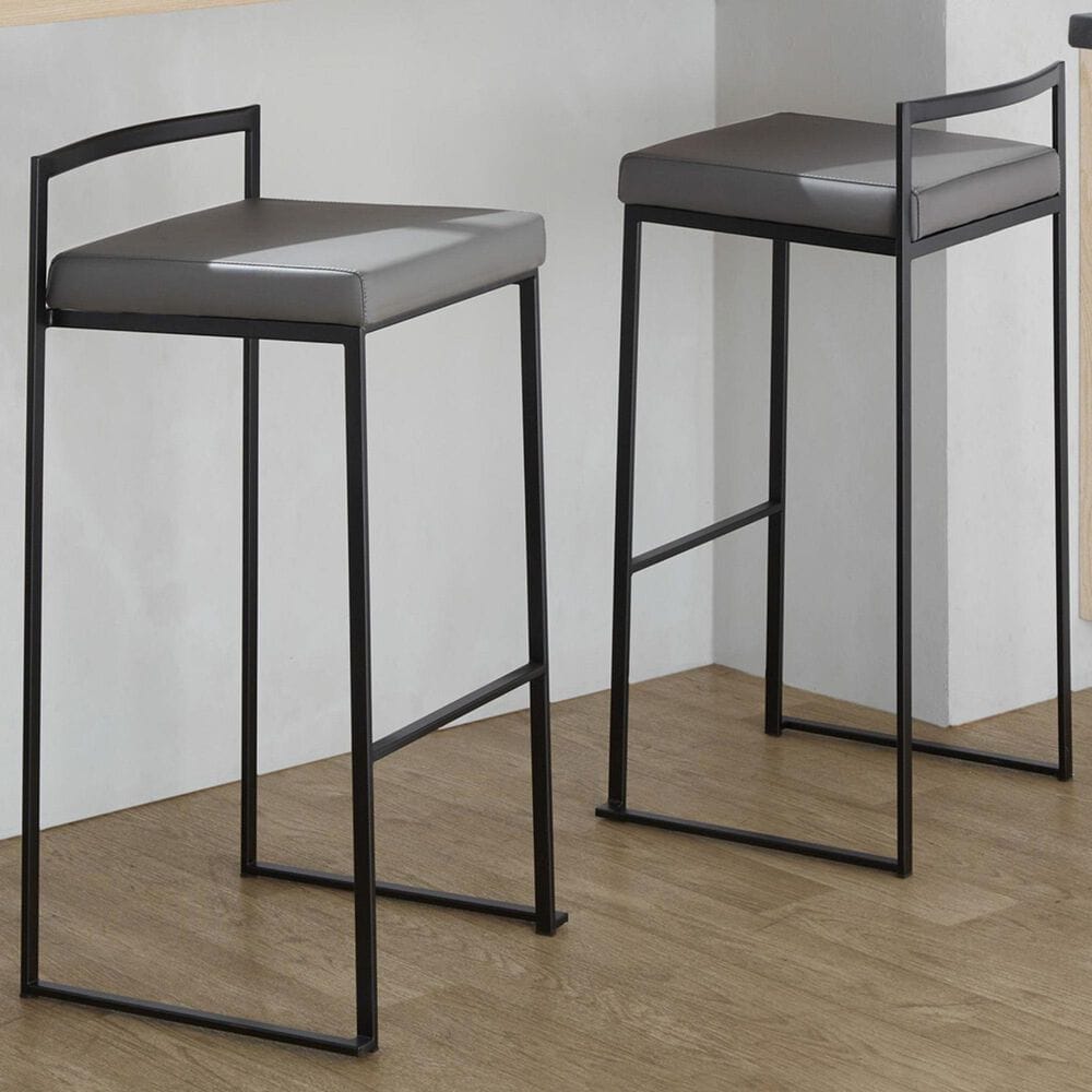 Lumisource Fuji Stackable Barstool with Grey Faux Leather Cushion in Black &#40;Set of 2&#41;, , large