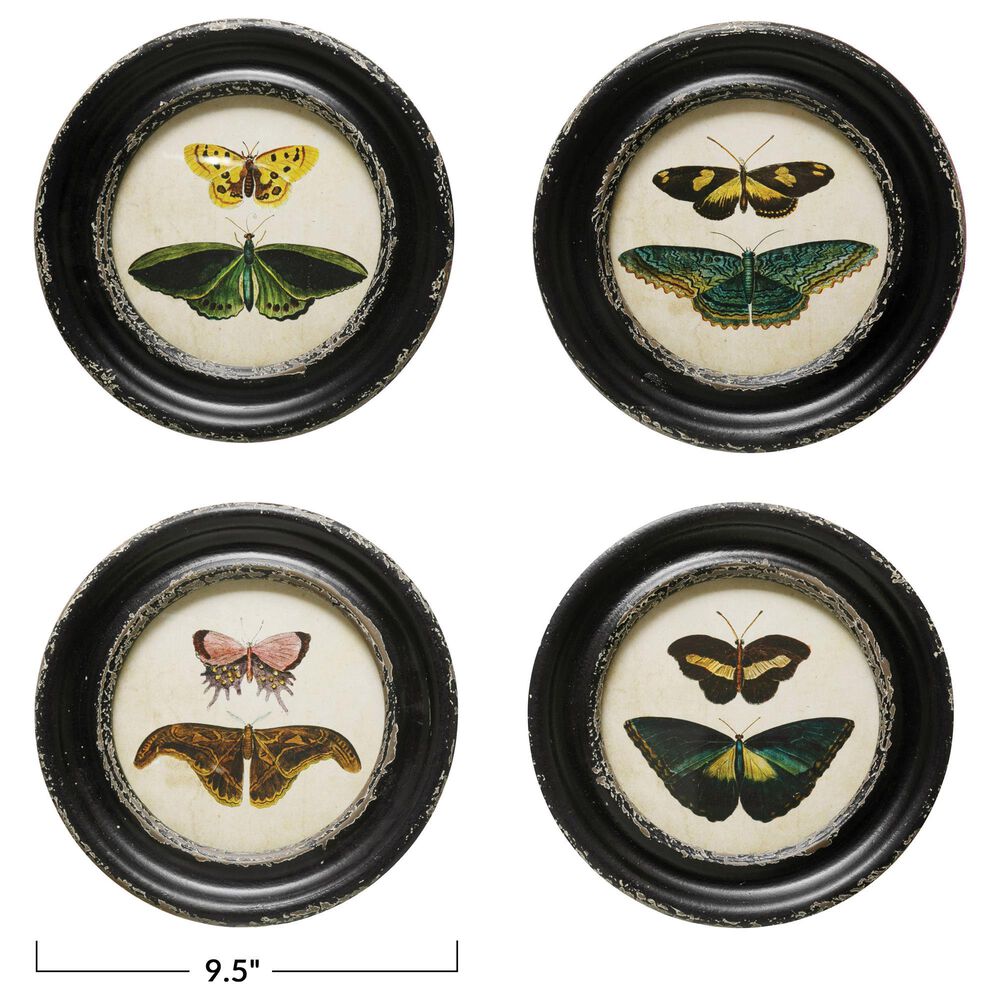 Creative Coop 9.5" Round Moth and Butterfly Wall Art in Distressed Black, Green, Yellow, Pink, Blue and Brown (Set of 4), , large