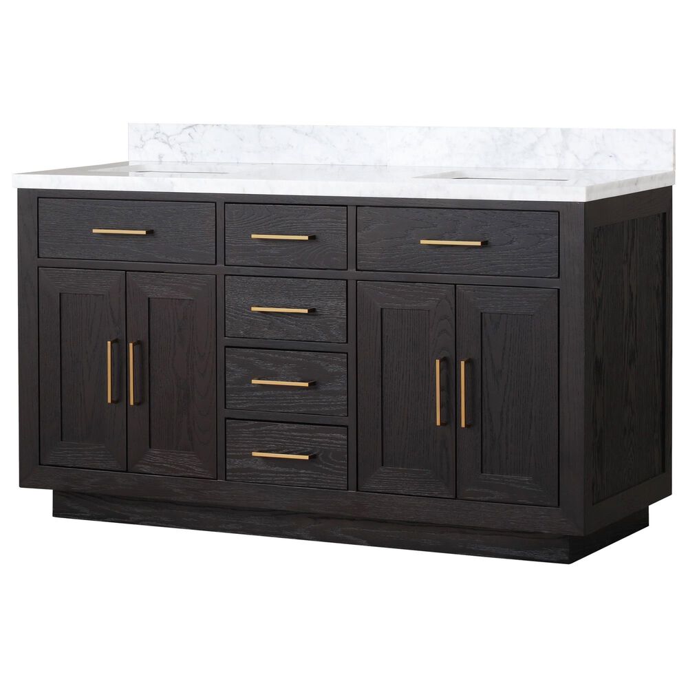 Lexora Home Abbey 60" Double Bathroom Vanity in Black Oak with 2 cm White Carrara Marble Top and Rectangular Sinks, , large