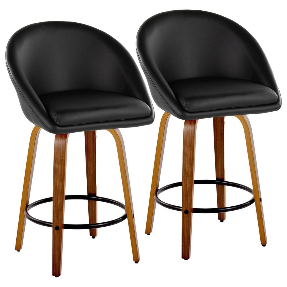 LumiSource Matisse 26" Swivel Counter Stool with Black Faux Leather Upholstery in Walnut and Black (Set of 2), , large
