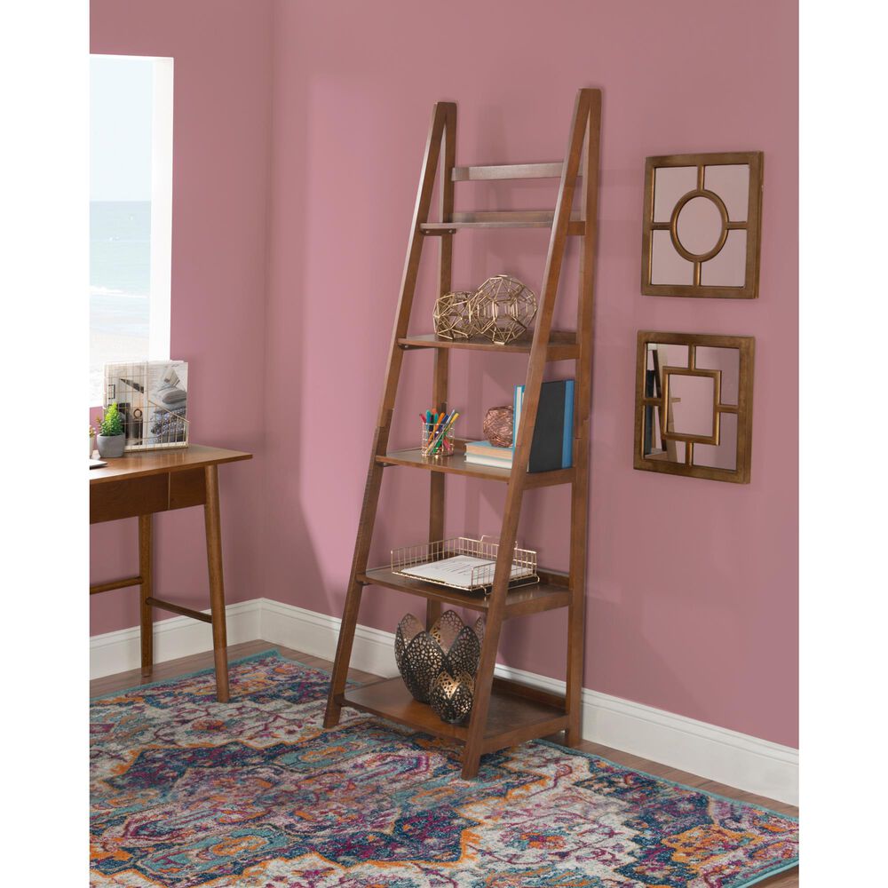 Linon Home Decor Charlotte 5-Shelf Ladder Bookcase in Warm Walnut, , large
