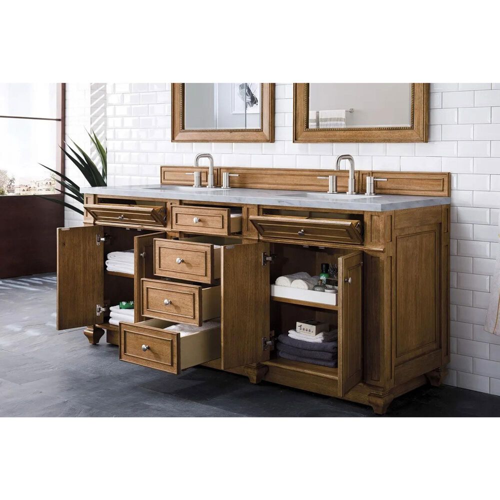 James Martin Vanities Bristol 72&quot; Double Bathroom Vanity in Saddle Brown with 3 cm Carrara White Marble Top and Rectangular Sinks, , large
