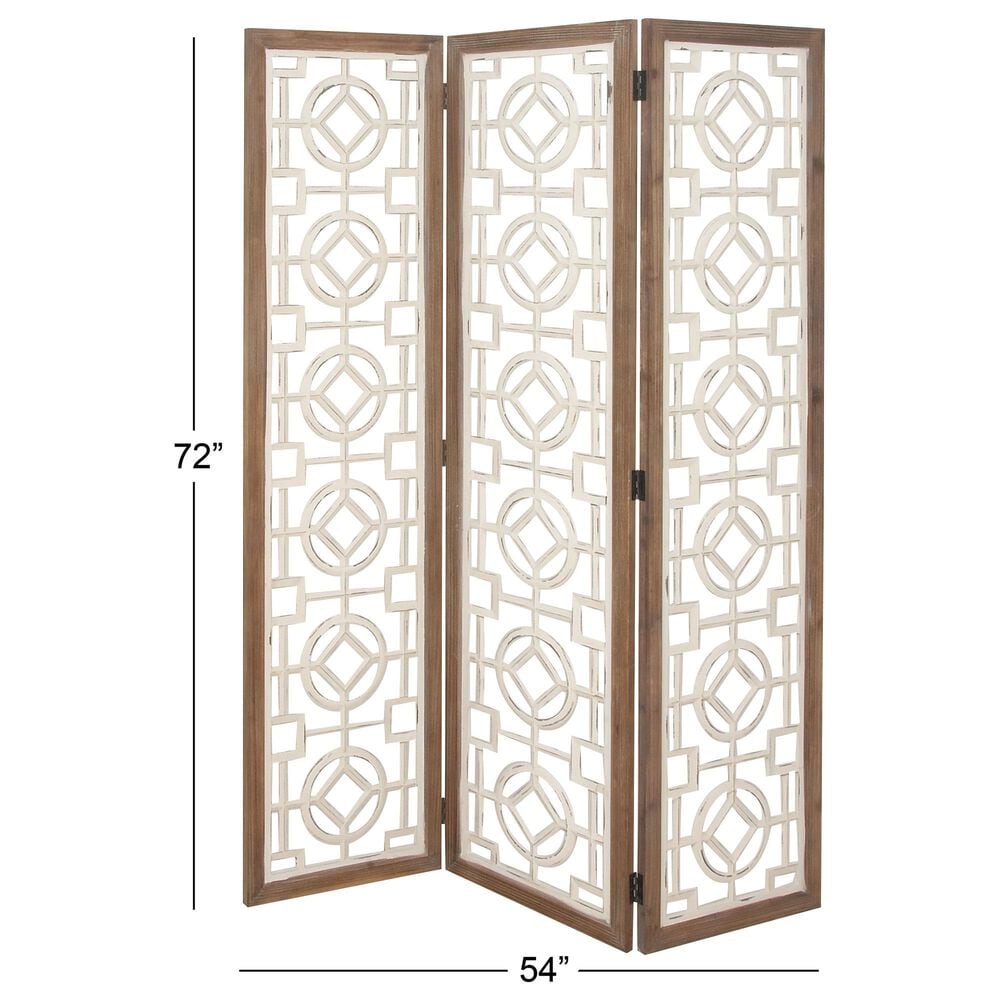 Maple and Jade 3-Panel Partition Room Divider Screen with Carved Designs in Matte White and Brown, , large