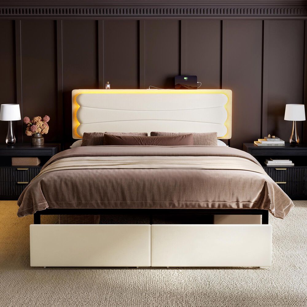 HOMLUX Queen Upholstered Platform Storage Bed Frame in Beige, , large