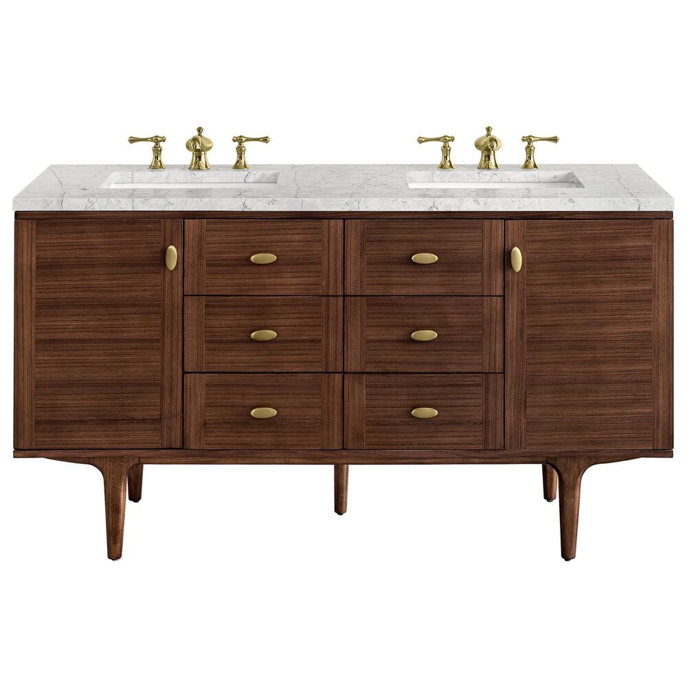 James Martin Vanities Amberly 60" Double Bathroom Vanity in Walnut with 3 cm Eternal Jasmine Pearl Quartz Top and Rectangular Sinks, , large
