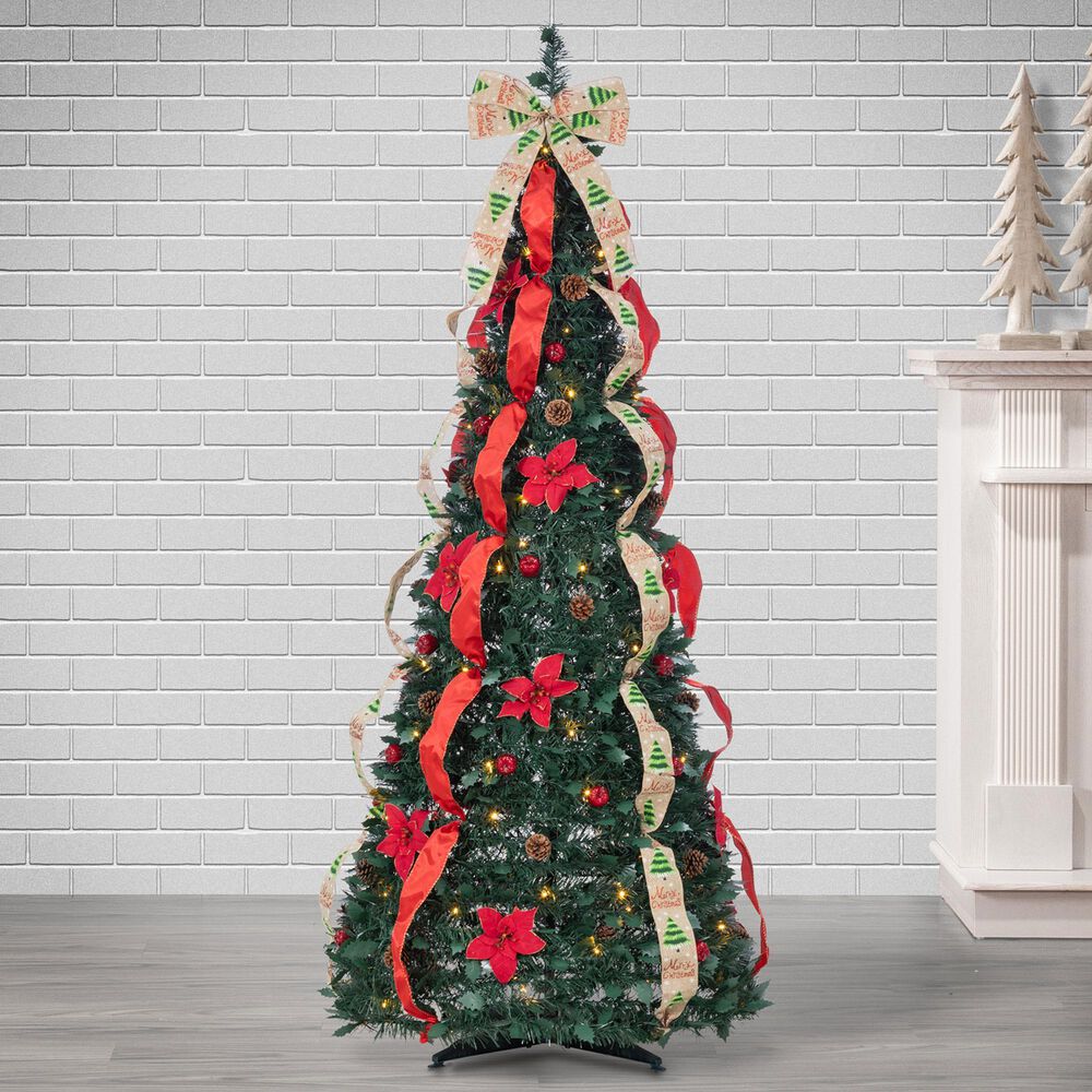 The Gerson Company 6&#39; Pop-Up Decorated Pine Tree with 100 UL Warm White LED Lights in Green, Red and Gold, , large