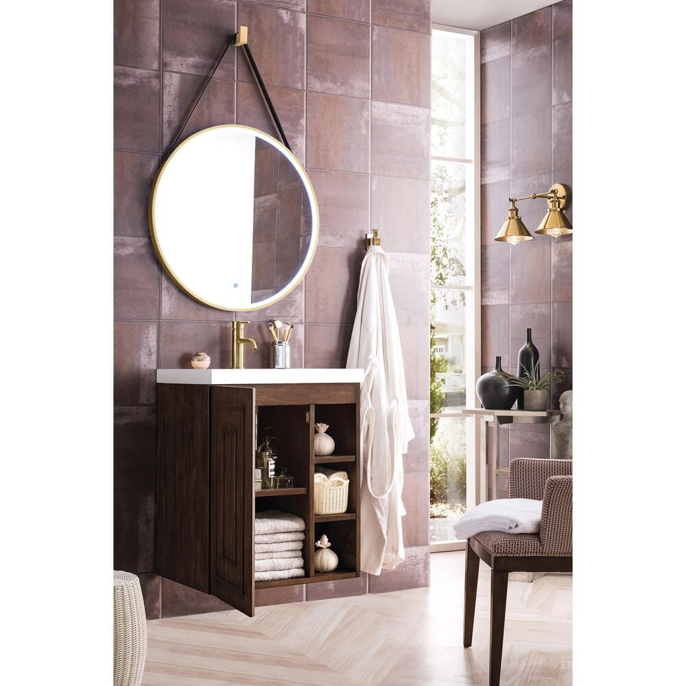 James Martin Vanities Alicante 24&quot; Single Bathroom Vanity in Mid Century Acacia with 5 cm White Glossy Resin Top and Rectangular Sink, , large