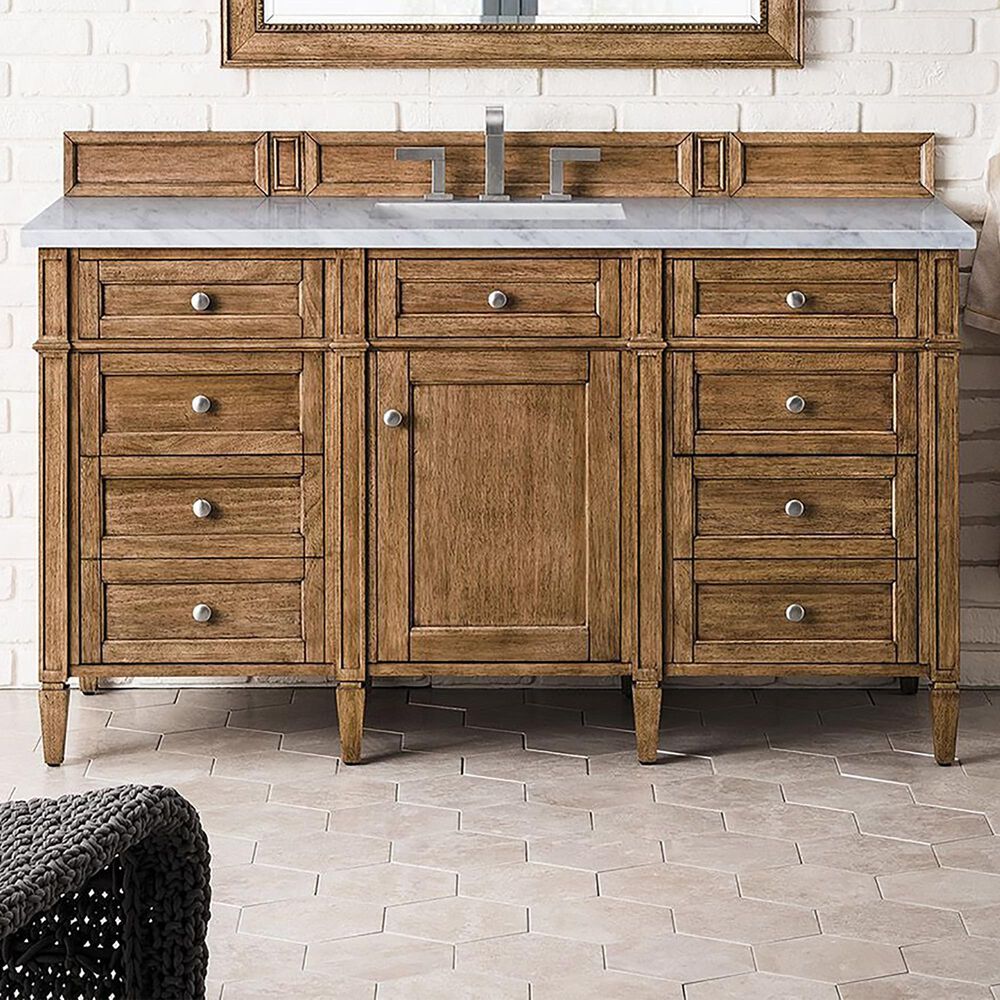 James Martin Vanities Brittany 60&quot; Single Bathroom Vanity in Saddle Brown with 3 cm Arctic Fall Solid Surface Top and Rectangular Sink, , large