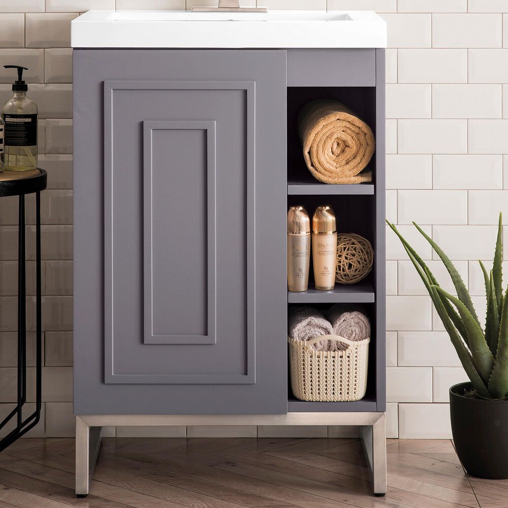 James Martin Vanities Alicante 24&quot; Single Bathroom Vanity in Grey Smoke and Brushed Nickel with 5 cm White Glossy Resin Top and Rectangular Sink, , large