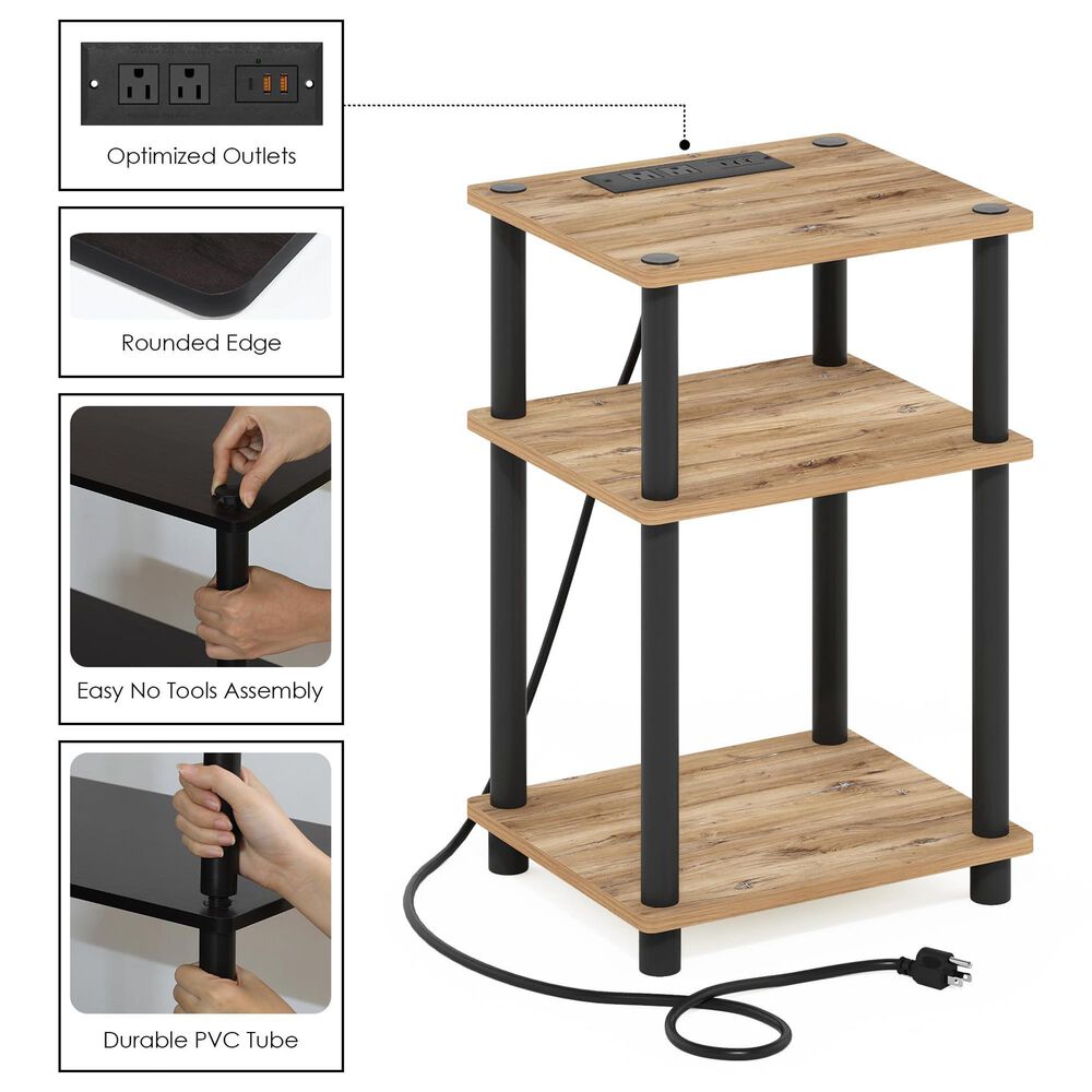 HOMLUX 3-Tier Just Turn-N-Tube End Table with 2 USB ports in Flagstaff Oak and Black, , large