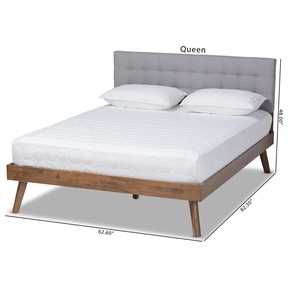 Baxton Studio Devan Queen Platform Bed with Light Grey Fabric in Walnut Brown, , large