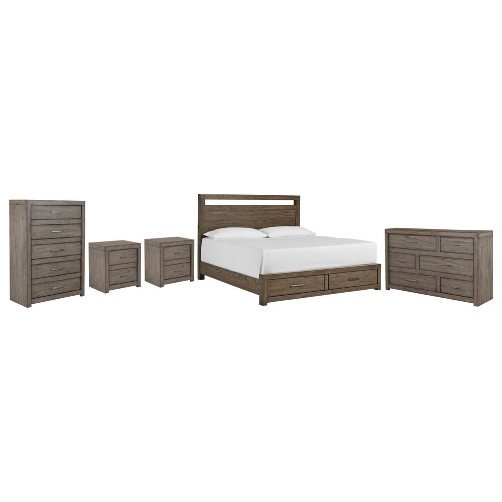 Riva Ridge Modern Loft Queen Storage Panel Bed with Dresser, Chest, and Two Nightstands in Greystone, , large