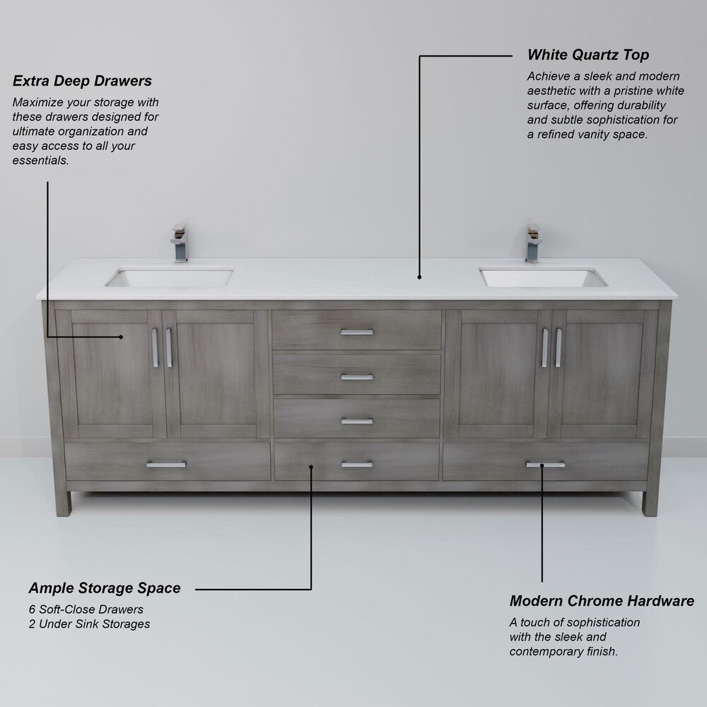 Lexora Home Jacques 80" Double Bathroom Vanity in Distressed Grey with 2 cm White Quartz Top and Rectangular Sinks, , large