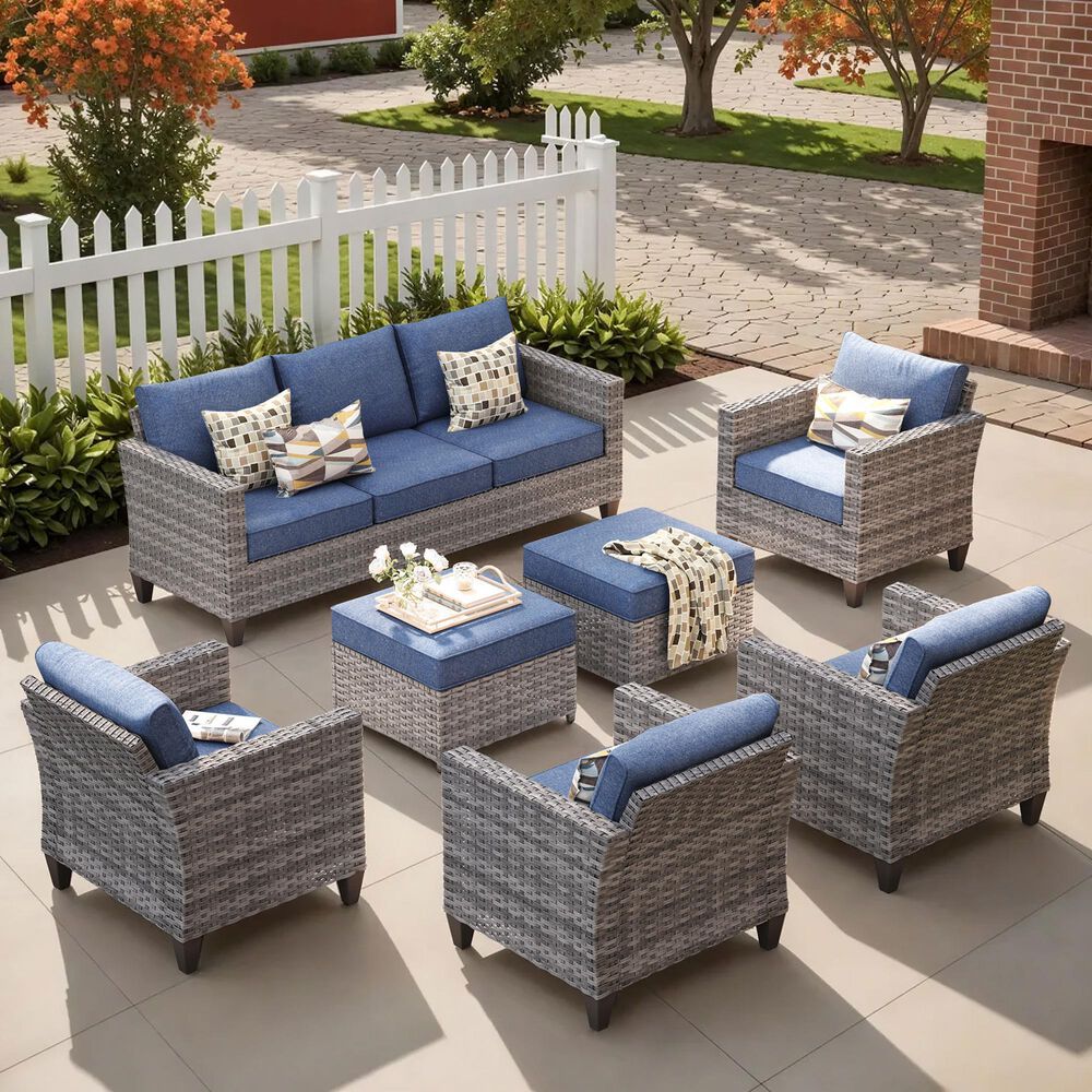 HOMLUX 7-Piece Rattan Sectional Set in Denim Blue, , large