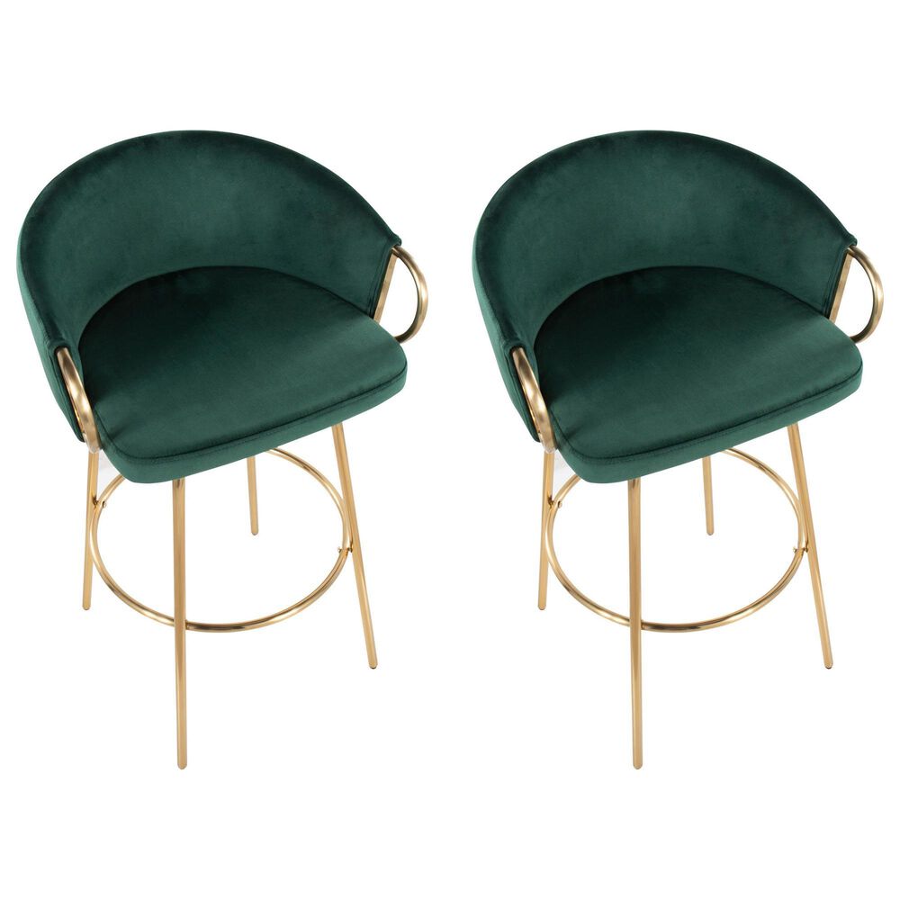LumiSource Claire Swivel Barstool with Green Velvet Upholstery in Gold (Set of 2), , large