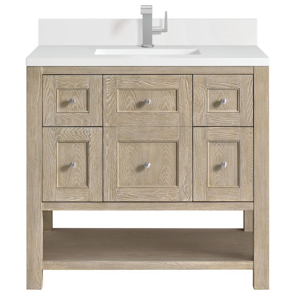James Martin Vanities Breckenridge 36" Single Vanity in Whitewashed Oak with Single Hole 3 cm White Zeus Quartz Top & Backsplash, , large