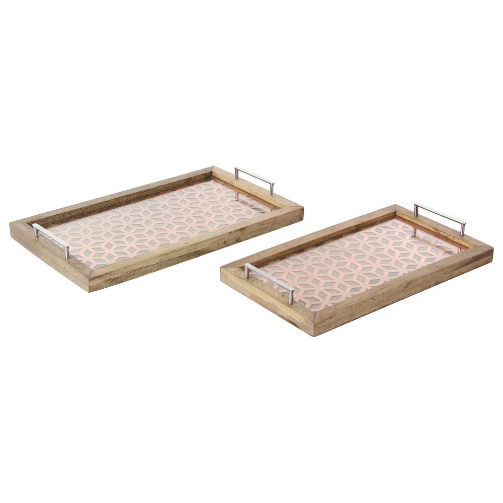 Maple and Jade Rectangular Wood Tray in Brown, Rose Pink, Gray and Silver (Set of 2), , large