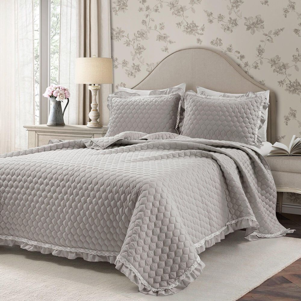 Triangle Home Fashions Ella Ruffle Lace 3-Piece King Quilt Set in Light Gray, , large