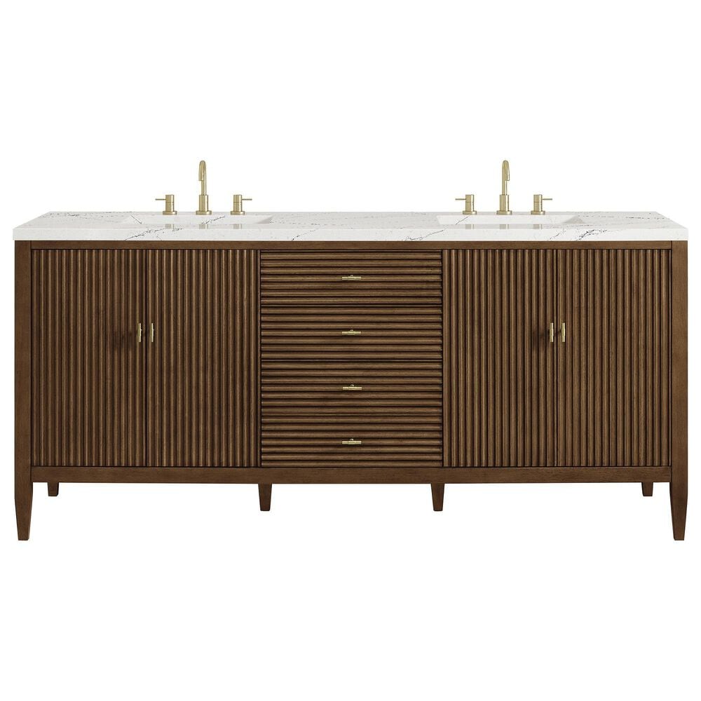 James Martin Vanities Myrrin 72&quot; Double Vanity in Mid Century Walnut with 3 cm Ethereal Noctis Quartz Top, , large