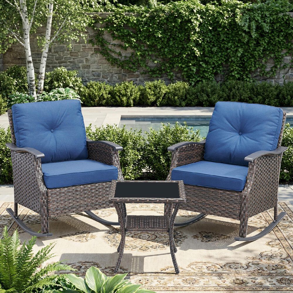 Sunwell Garden 3-Piece Patio Chat Set with Two Rocking Chair in Navy, , large