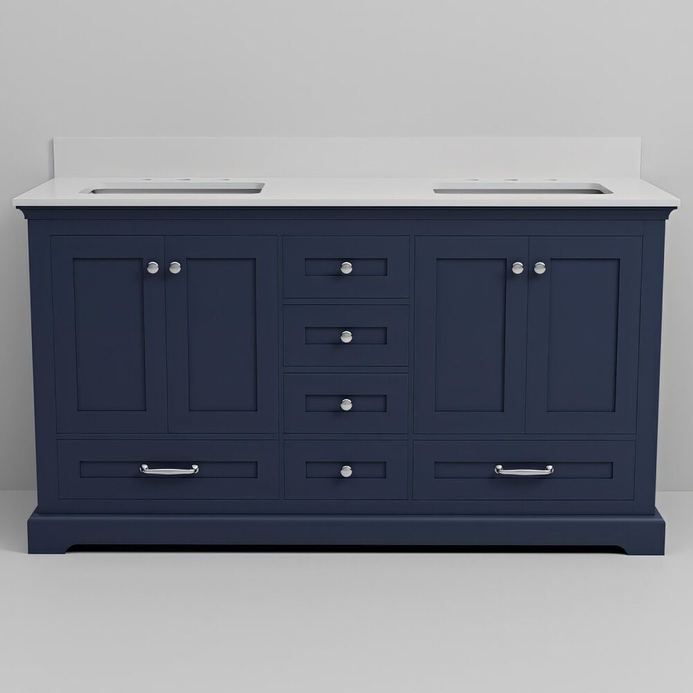 Lexora Home Dukes 60&quot; Double Bathroom Vanity in Navy Blue with 2 cm White Cultured Marble Top and Rectangular Sinks, , large