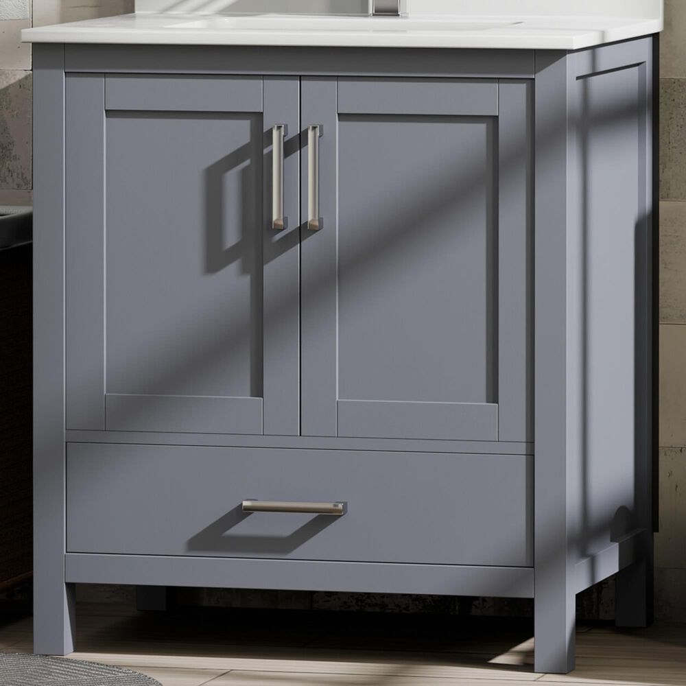 Lexora Home Jacques 30&quot; Single Bathroom Vanity in Dark Grey with 2 cm White Cultured Marble Top and Rectangular Sink, , large
